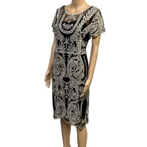 Cato Black Sheer Metallic Gold Lace Overlay with Black Spag Strap Lining Dress M
